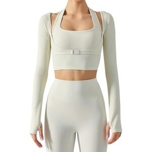 NEW Crop Top Workout Top Stretch Cutout Long Sleeve with Thumbholes